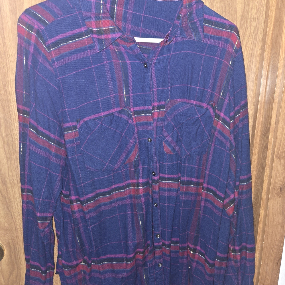 Maurices Navy, Burgundy & Gold Plaid Button-Up